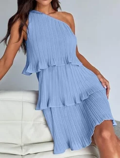 New Women's Lace Dress Mini Dress Ruffle Date Vacation Streetwear Casual One Shoulder Sleeveless Black White Pink Color Women White Dresses