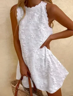 Best Women's Lace Dress Mini Dress Lace Patchwork Streetwear Crew Neck Color Women White Dresses