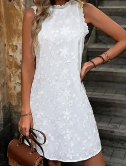 Best Women's Lace Dress Mini Dress Lace Patchwork Streetwear Crew Neck Color Women White Dresses