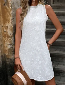 Best Women's Lace Dress Mini Dress Lace Patchwork Streetwear Crew Neck Color Women White Dresses