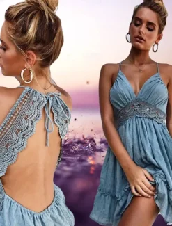 Clearance Women's Lace Dress Mini Dress Lace Patchwork Vacation Beach Sexy Casual Spaghetti Strap Sleeveless Black White Dark Blue Color Women Sundresses