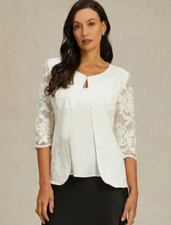 Online Women's Lace Jacket Blazer Mesh Elegant 3/4 Length Sleeve Crew Neck Regular Tops Wedding Guest Work Daily Lace Spring Fall Women Blazers & Suits