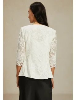 Online Women's Lace Jacket Blazer Mesh Elegant 3/4 Length Sleeve Crew Neck Regular Tops Wedding Guest Work Daily Lace Spring Fall Women Blazers & Suits