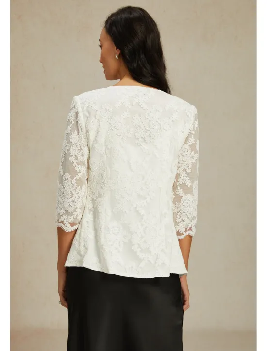 Online Women's Lace Jacket Blazer Mesh Elegant 3/4 Length Sleeve Crew Neck Regular Tops Wedding Guest Work Daily Lace Spring Fall Women Blazers & Suits