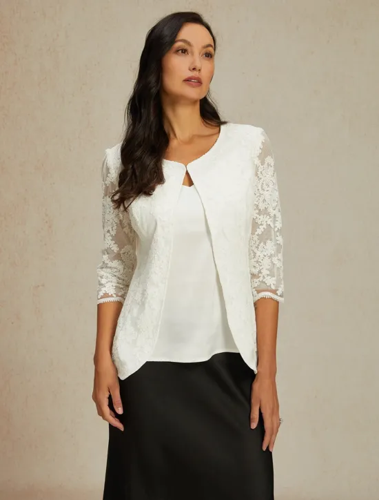 Online Women's Lace Jacket Blazer Mesh Elegant 3/4 Length Sleeve Crew Neck Regular Tops Wedding Guest Work Daily Lace Spring Fall Women Blazers & Suits