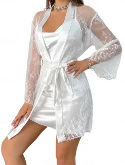 Hot Women's Lace Lingerie MeshNightwearPolyester Active Black White Summer Spring Women Pajama-Setter