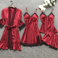 Sale Women's Lace Satin Silk Pajamas Sets 4 Pcs Home Party Daily Elastic Waist Pure Color Satin Simple Casual Soft Strap Top Shorts Fall Winter Spring Strap Short Sleeves Long Sleeve Home Outfits Women Pajama-Setter