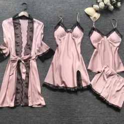 Sale Women's Lace Satin Silk Pajamas Sets 4 Pcs Home Party Daily Elastic Waist Pure Color Satin Simple Casual Soft Strap Top Shorts Fall Winter Spring Strap Short Sleeves Long Sleeve Home Outfits Women Pajama-Setter
