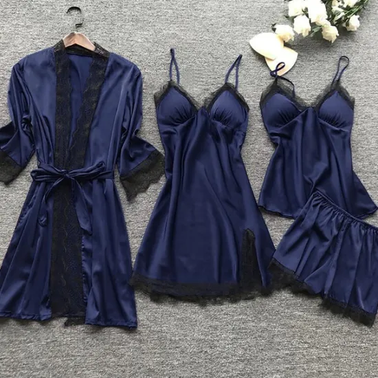 Sale Women's Lace Satin Silk Pajamas Sets 4 Pcs Home Party Daily Elastic Waist Pure Color Satin Simple Casual Soft Strap Top Shorts Fall Winter Spring Strap Short Sleeves Long Sleeve Home Outfits Women Pajama-Setter