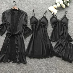 Sale Women's Lace Satin Silk Pajamas Sets 4 Pcs Home Party Daily Elastic Waist Pure Color Satin Simple Casual Soft Strap Top Shorts Fall Winter Spring Strap Short Sleeves Long Sleeve Home Outfits Women Pajama-Setter