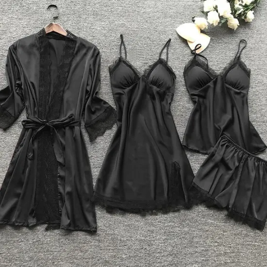 Sale Women's Lace Satin Silk Pajamas Sets 4 Pcs Home Party Daily Elastic Waist Pure Color Satin Simple Casual Soft Strap Top Shorts Fall Winter Spring Strap Short Sleeves Long Sleeve Home Outfits Women Pajama-Setter