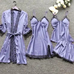 Sale Women's Lace Satin Silk Pajamas Sets 4 Pcs Home Party Daily Elastic Waist Pure Color Satin Simple Casual Soft Strap Top Shorts Fall Winter Spring Strap Short Sleeves Long Sleeve Home Outfits Women Pajama-Setter
