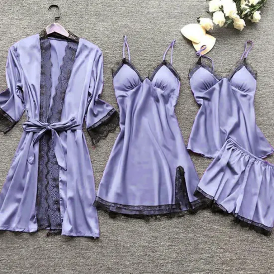 Sale Women's Lace Satin Silk Pajamas Sets 4 Pcs Home Party Daily Elastic Waist Pure Color Satin Simple Casual Soft Strap Top Shorts Fall Winter Spring Strap Short Sleeves Long Sleeve Home Outfits Women Pajama-Setter