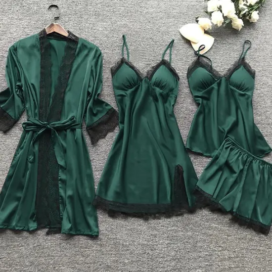 Sale Women's Lace Satin Silk Pajamas Sets 4 Pcs Home Party Daily Elastic Waist Pure Color Satin Simple Casual Soft Strap Top Shorts Fall Winter Spring Strap Short Sleeves Long Sleeve Home Outfits Women Pajama-Setter