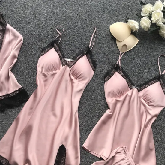 Sale Women's Lace Satin Silk Pajamas Sets 4 Pcs Home Party Daily Elastic Waist Pure Color Satin Simple Casual Soft Strap Top Shorts Fall Winter Spring Strap Short Sleeves Long Sleeve Home Outfits Women Pajama-Setter