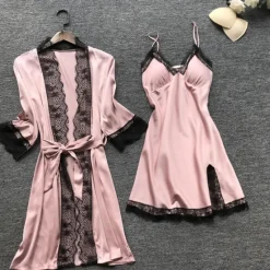 Sale Women's Lace Satin Silk Pajamas Sets 4 Pcs Home Party Daily Elastic Waist Pure Color Satin Simple Casual Soft Strap Top Shorts Fall Winter Spring Strap Short Sleeves Long Sleeve Home Outfits Women Pajama-Setter