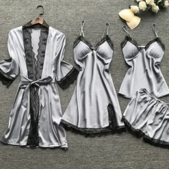 Sale Women's Lace Satin Silk Pajamas Sets 4 Pcs Home Party Daily Elastic Waist Pure Color Satin Simple Casual Soft Strap Top Shorts Fall Winter Spring Strap Short Sleeves Long Sleeve Home Outfits Women Pajama-Setter