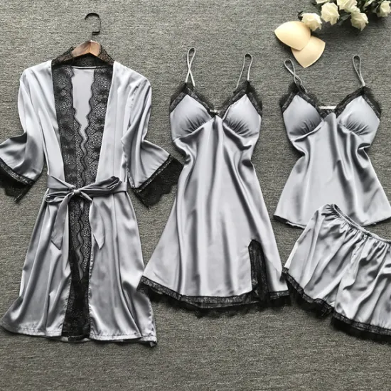 Sale Women's Lace Satin Silk Pajamas Sets 4 Pcs Home Party Daily Elastic Waist Pure Color Satin Simple Casual Soft Strap Top Shorts Fall Winter Spring Strap Short Sleeves Long Sleeve Home Outfits Women Pajama-Setter