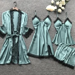 Sale Women's Lace Satin Silk Pajamas Sets 4 Pcs Home Party Daily Elastic Waist Pure Color Satin Simple Casual Soft Strap Top Shorts Fall Winter Spring Strap Short Sleeves Long Sleeve Home Outfits Women Pajama-Setter