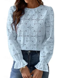 Online Women's Lace Shirt Blouse Plain Active Casual Long Sleeve Crew Neck Regular Tops Daily Holiday Lace Black White Pink Light Blue Summer Women Lace Tops