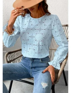 Online Women's Lace Shirt Blouse Plain Active Casual Long Sleeve Crew Neck Regular Tops Daily Holiday Lace Black White Pink Light Blue Summer Women Lace Tops