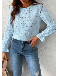 Online Women's Lace Shirt Blouse Plain Active Casual Long Sleeve Crew Neck Regular Tops Daily Holiday Lace Black White Pink Light Blue Summer Women Lace Tops