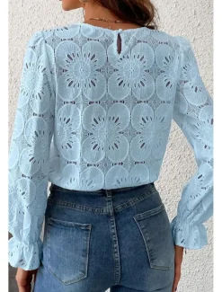 Online Women's Lace Shirt Blouse Plain Active Casual Long Sleeve Crew Neck Regular Tops Daily Holiday Lace Black White Pink Light Blue Summer Women Lace Tops