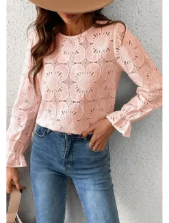 Online Women's Lace Shirt Blouse Plain Active Casual Long Sleeve Crew Neck Regular Tops Daily Holiday Lace Black White Pink Light Blue Summer Women Lace Tops