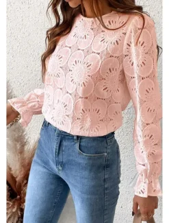 Online Women's Lace Shirt Blouse Plain Active Casual Long Sleeve Crew Neck Regular Tops Daily Holiday Lace Black White Pink Light Blue Summer Women Lace Tops