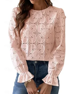 Online Women's Lace Shirt Blouse Plain Active Casual Long Sleeve Crew Neck Regular Tops Daily Holiday Lace Black White Pink Light Blue Summer Women Lace Tops