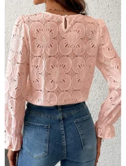 Online Women's Lace Shirt Blouse Plain Active Casual Long Sleeve Crew Neck Regular Tops Daily Holiday Lace Black White Pink Light Blue Summer Women Lace Tops