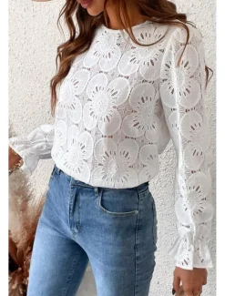 Online Women's Lace Shirt Blouse Plain Active Casual Long Sleeve Crew Neck Regular Tops Daily Holiday Lace Black White Pink Light Blue Summer Women Lace Tops