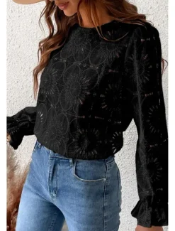 Online Women's Lace Shirt Blouse Plain Active Casual Long Sleeve Crew Neck Regular Tops Daily Holiday Lace Black White Pink Light Blue Summer Women Lace Tops