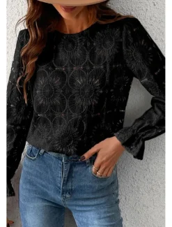 Online Women's Lace Shirt Blouse Plain Active Casual Long Sleeve Crew Neck Regular Tops Daily Holiday Lace Black White Pink Light Blue Summer Women Lace Tops