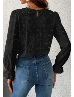 Online Women's Lace Shirt Blouse Plain Active Casual Long Sleeve Crew Neck Regular Tops Daily Holiday Lace Black White Pink Light Blue Summer Women Lace Tops