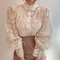 Best Women's Lace Shirt Blouse Eyelet top White Lace Shirt Solid Colored Elegant Fashion Elegant & Luxurious Shirt Collar Daily Hole Black White Apricot Spring Fall Winter Fall & Winter Women Blouses & Shirts