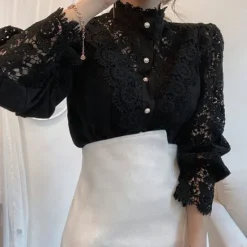Best Women's Lace Shirt Blouse Eyelet top White Lace Shirt Solid Colored Elegant Fashion Elegant & Luxurious Shirt Collar Daily Hole Black White Apricot Spring Fall Winter Fall & Winter Women Blouses & Shirts