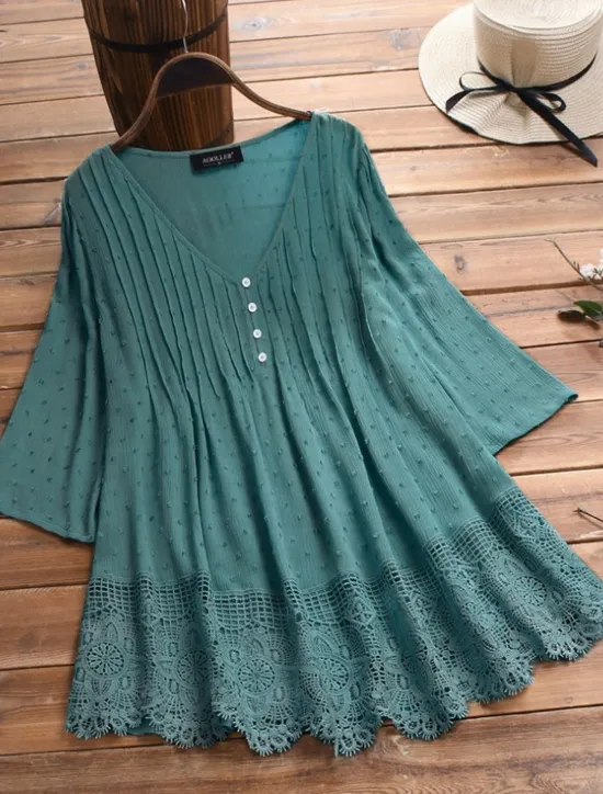 Sale Women's Lace Shirt Blouse Eyelet top White Lace Shirt Tribal Casual 3/4 Length Sleeve V Neck Regular Tops Vacation Daily Beach Lace Flowing tunic Navy Watermelon Red White Green Spring Fall Women Lace Tops