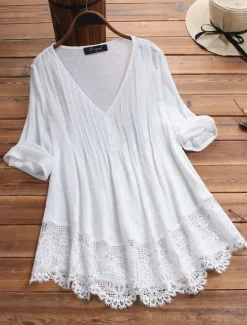 Sale Women's Lace Shirt Blouse Eyelet top White Lace Shirt Tribal Casual 3/4 Length Sleeve V Neck Regular Tops Vacation Daily Beach Lace Flowing tunic Navy Watermelon Red White Green Spring Fall Women Lace Tops