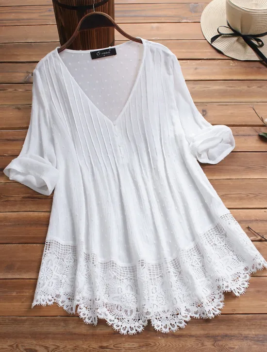 Sale Women's Lace Shirt Blouse Eyelet top White Lace Shirt Tribal Casual 3/4 Length Sleeve V Neck Regular Tops Vacation Daily Beach Lace Flowing tunic Navy Watermelon Red White Green Spring Fall Women Lace Tops