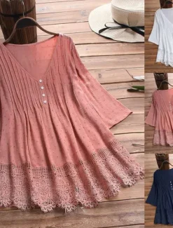 Sale Women's Lace Shirt Blouse Eyelet top White Lace Shirt Tribal Casual 3/4 Length Sleeve V Neck Regular Tops Vacation Daily Beach Lace Flowing tunic Navy Watermelon Red White Green Spring Fall Women Lace Tops