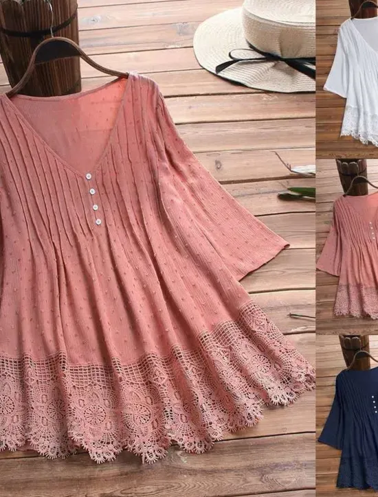 Sale Women's Lace Shirt Blouse Eyelet top White Lace Shirt Tribal Casual 3/4 Length Sleeve V Neck Regular Tops Vacation Daily Beach Lace Flowing tunic Navy Watermelon Red White Green Spring Fall Women Lace Tops