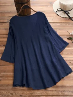 Sale Women's Lace Shirt Blouse Eyelet top White Lace Shirt Tribal Casual 3/4 Length Sleeve V Neck Regular Tops Vacation Daily Beach Lace Flowing tunic Navy Watermelon Red White Green Spring Fall Women Lace Tops