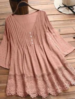 Sale Women's Lace Shirt Blouse Eyelet top White Lace Shirt Tribal Casual 3/4 Length Sleeve V Neck Regular Tops Vacation Daily Beach Lace Flowing tunic Navy Watermelon Red White Green Spring Fall Women Lace Tops