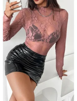 Outlet Women's Lace Shirt Blouse Plain Stylish Modern Long Sleeve Crew Neck Regular Tops Daily Holiday Going out Lace Black White Pink Red Summer Women Lace Tops