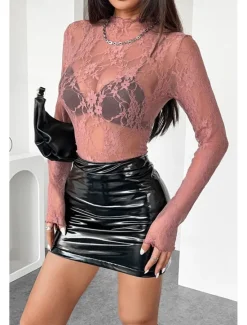 Outlet Women's Lace Shirt Blouse Plain Stylish Modern Long Sleeve Crew Neck Regular Tops Daily Holiday Going out Lace Black White Pink Red Summer Women Lace Tops
