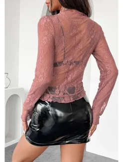 Outlet Women's Lace Shirt Blouse Plain Stylish Modern Long Sleeve Crew Neck Regular Tops Daily Holiday Going out Lace Black White Pink Red Summer Women Lace Tops