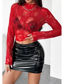 Outlet Women's Lace Shirt Blouse Plain Stylish Modern Long Sleeve Crew Neck Regular Tops Daily Holiday Going out Lace Black White Pink Red Summer Women Lace Tops