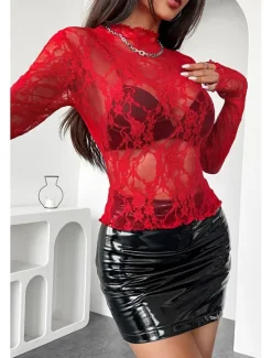 Outlet Women's Lace Shirt Blouse Plain Stylish Modern Long Sleeve Crew Neck Regular Tops Daily Holiday Going out Lace Black White Pink Red Summer Women Lace Tops