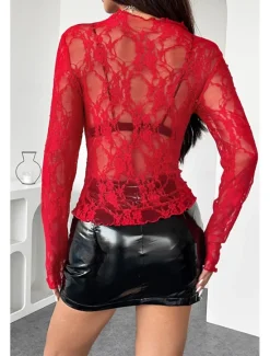 Outlet Women's Lace Shirt Blouse Plain Stylish Modern Long Sleeve Crew Neck Regular Tops Daily Holiday Going out Lace Black White Pink Red Summer Women Lace Tops